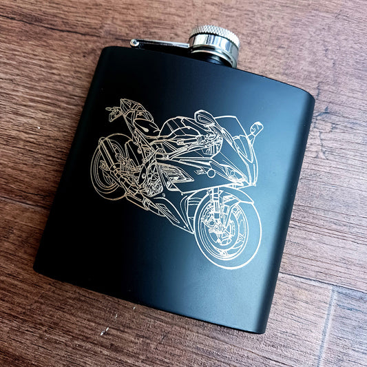 Our S1000RR Motorcycle Artwork engraved on Black Hip Flask