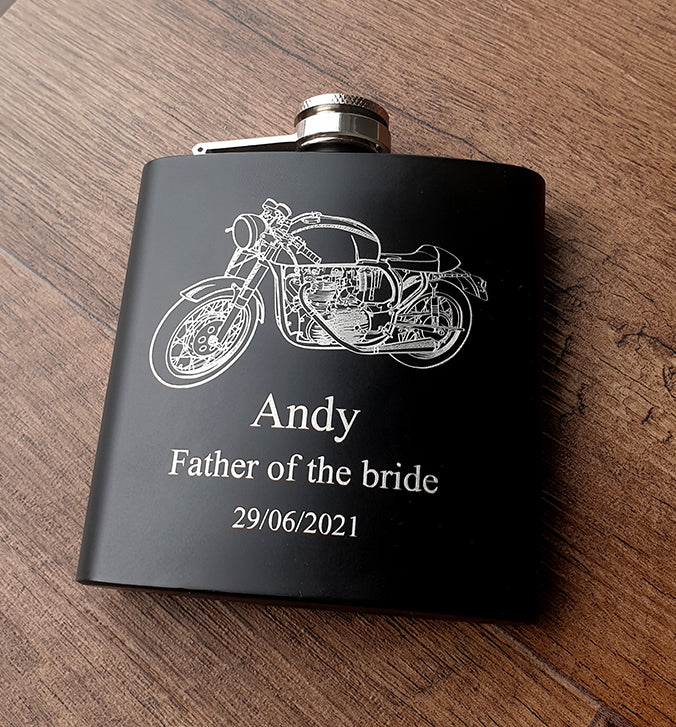 Vintage Cafe racer artwork engraved on Black hip Flask with personalised Father of the bride message.