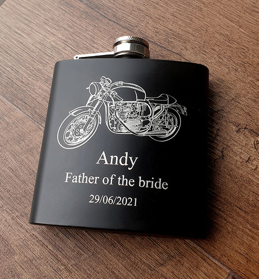 Vintage Cafe racer artwork engraved on Black hip Flask with personalised Father of the bride message.