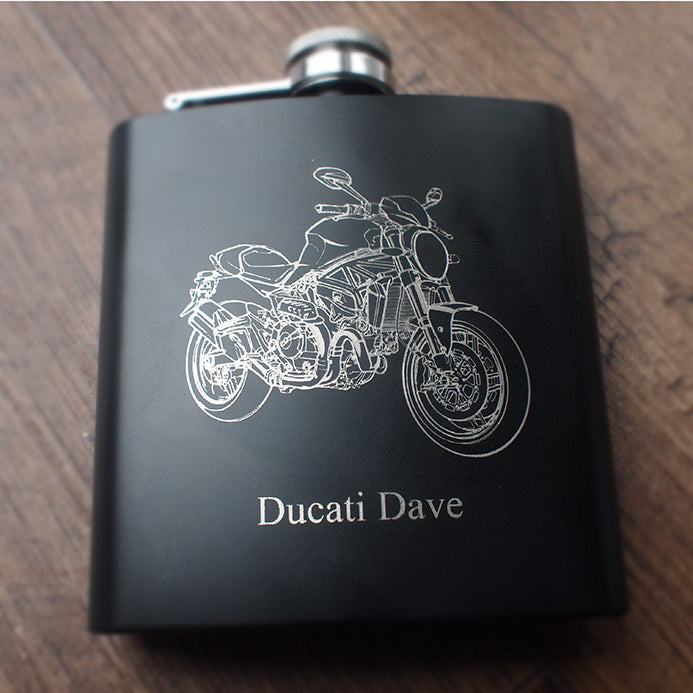 Duc Monster Motorcycle Engraved on Black perosnalised Hip Flask.