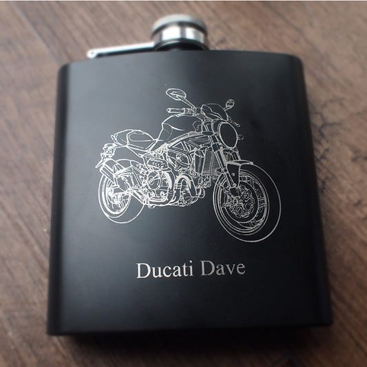 Duc Monster Motorcycle Engraved on Black perosnalised Hip Flask.