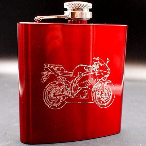 Red hip flask with a fireblade motorcycle engraving.