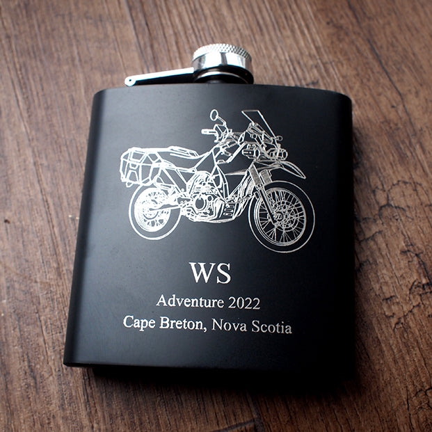 KLR650 enduro motorcycle design engraved on Personalised black hip flask.