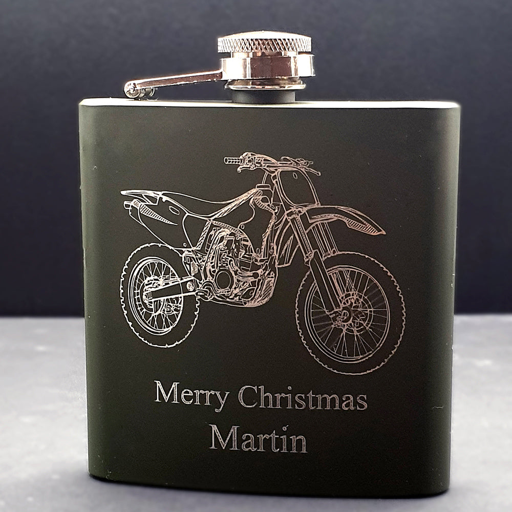Motocross Motorcycle engraved on a personalised green hip flask.