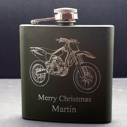 Motocross Motorcycle engraved on a personalised green hip flask.