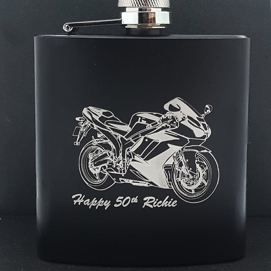 Racing Bike Artwork on a Black Hip Flask