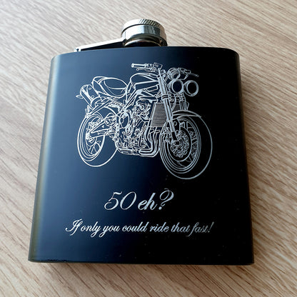 Steet Triple Motorcycle engraved with a birthday message on a black hip flask.