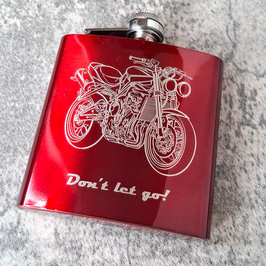 Street Triple Motorcycle engraved on a Personalised Red Hip Flask.