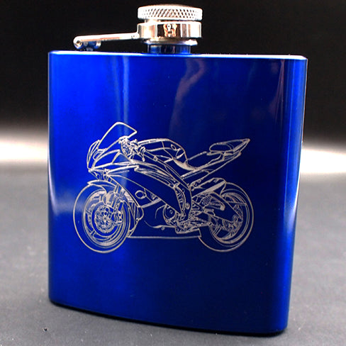 Our R6 Motorcycle design engraved on a Blue Hip Flask