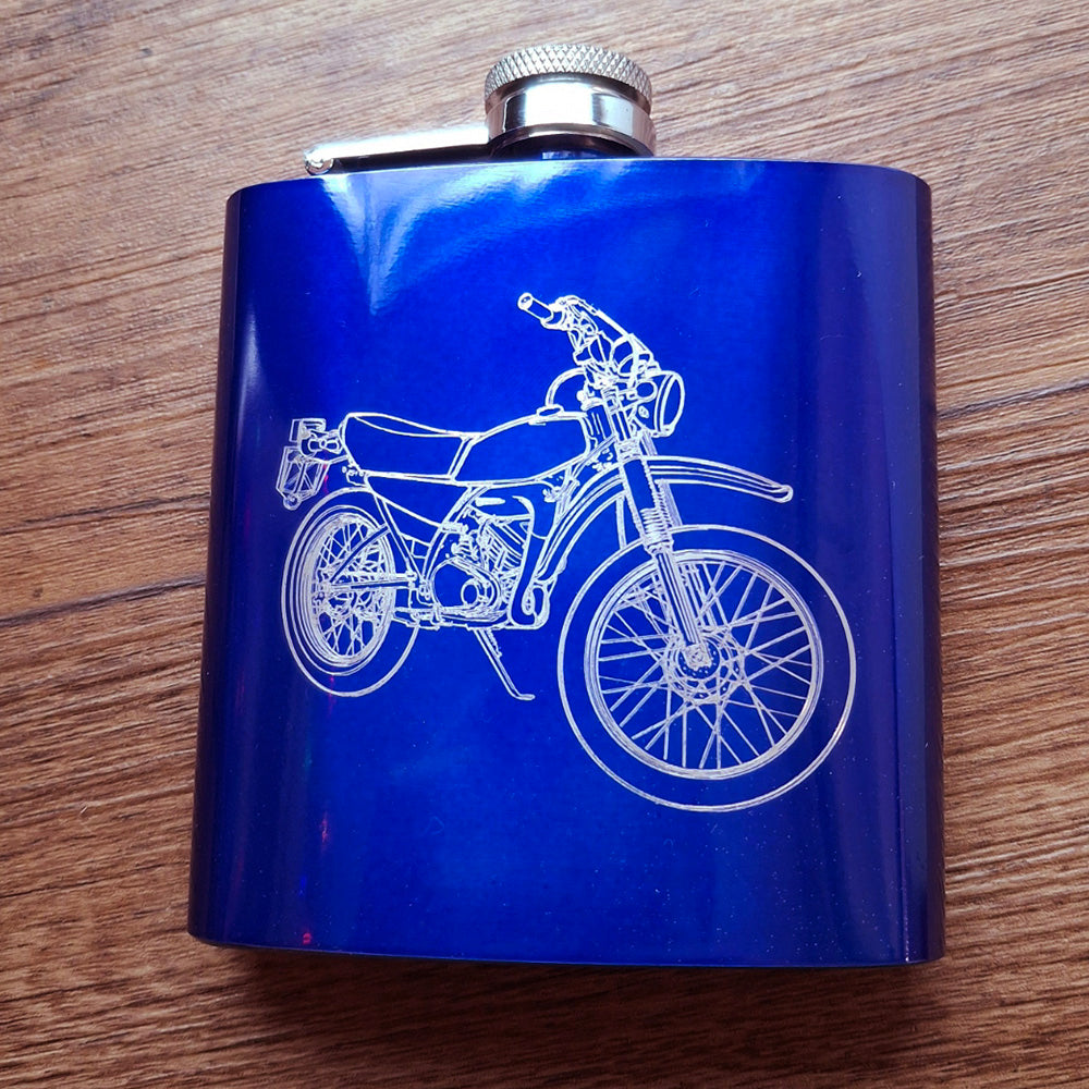 DT125 Enduro Motocross bike design engraved on a blue coated hip flask.