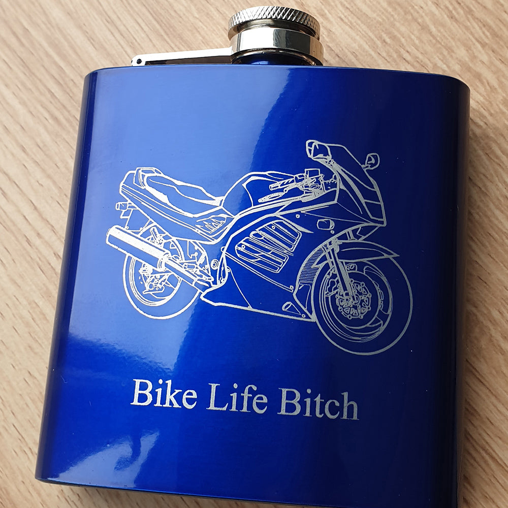 Personalised Blue Hip Flask with RF Motorcycle design engraved