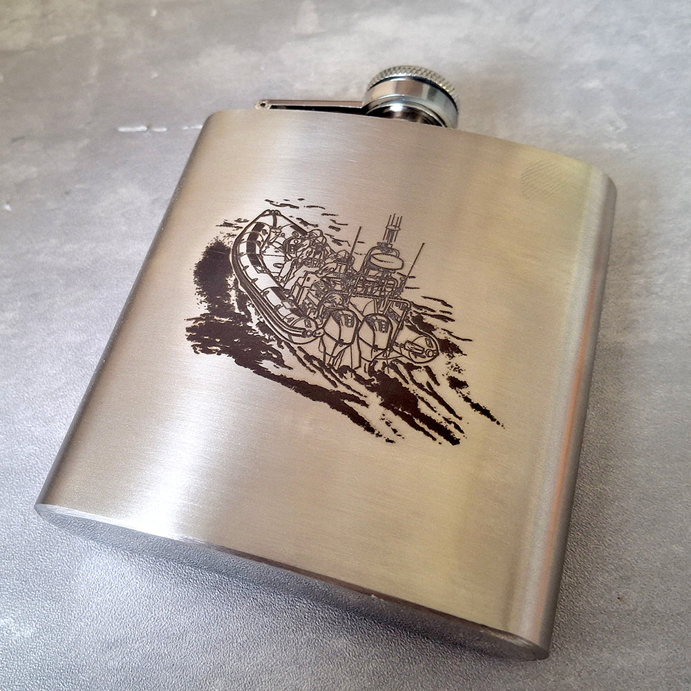 Our inshore Lifeboat Artwork engraved on a Silver steel Hip Flask
