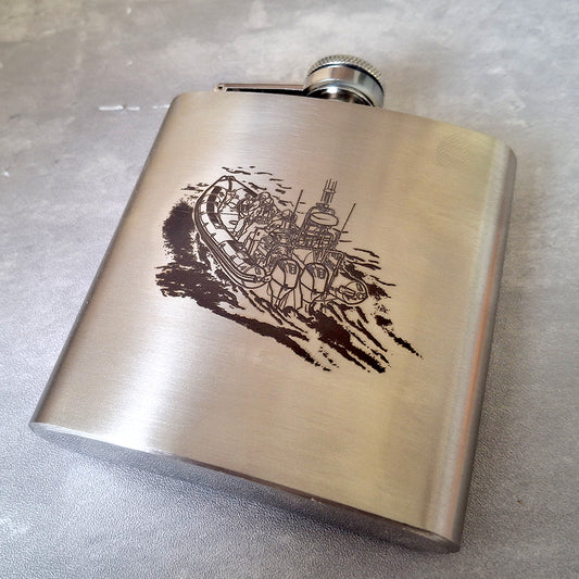 Our inshore Lifeboat Artwork engraved on a Silver steel Hip Flask