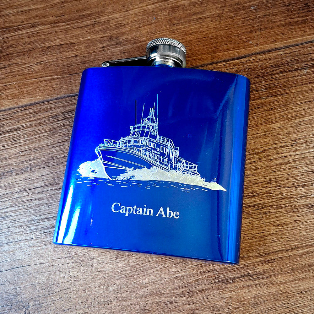 Seven Class Lifeboat Artwork engraved on a Blue Hip Flask