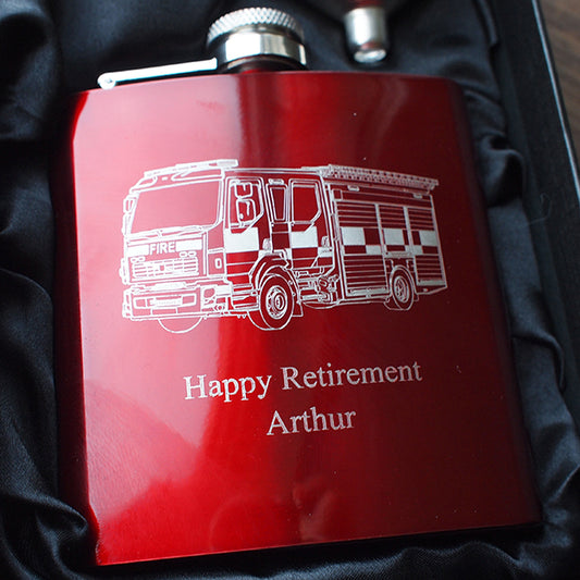 Fire Engine artwork with retirement message engraved on Red Hipflask in a presentation Gift Box