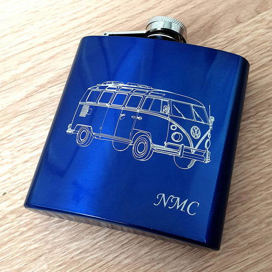 Hippy Campervan artwork engraved with initials on Blue Hip Flask