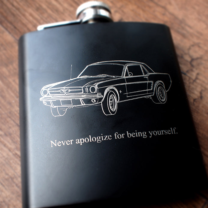 Mustang Coupe Car artwork engraved on black hip flask with inspirational message.