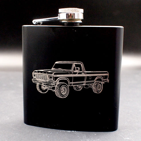 F150 Pickup truck artwork engraved on a Black Hip Flask
