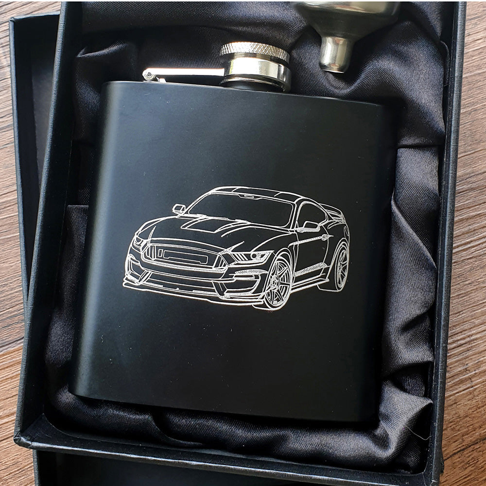 Shelby Mustang Car design engraved on a black hip flask in a black satin lined gift box