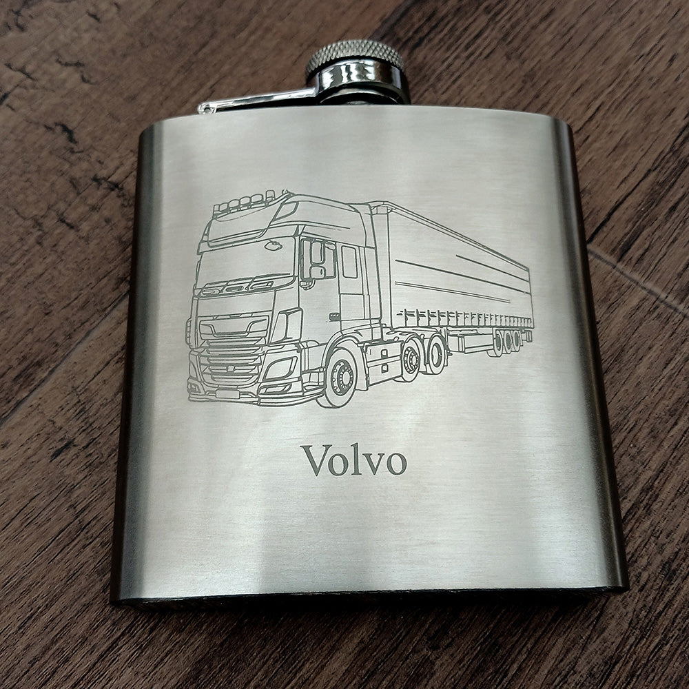 Our HGV Lorry Artwork engraved on a Silver Hip Flask
