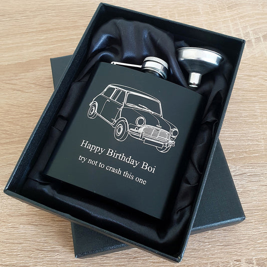 Classic Mini car design engraved on a personalised black hipflask in a satin lined presentation box