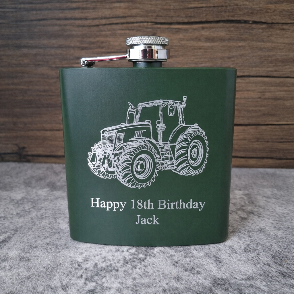 Hip Flask engraved with birthday message and our tractor artwork