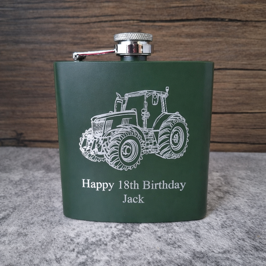 Hip Flask engraved with birthday message and our tractor artwork