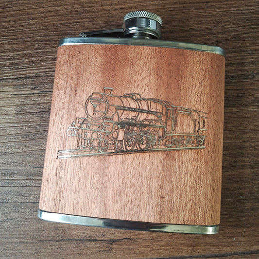Locomotive steamtrain artwork on  Wood Wrapped Hip Flask.