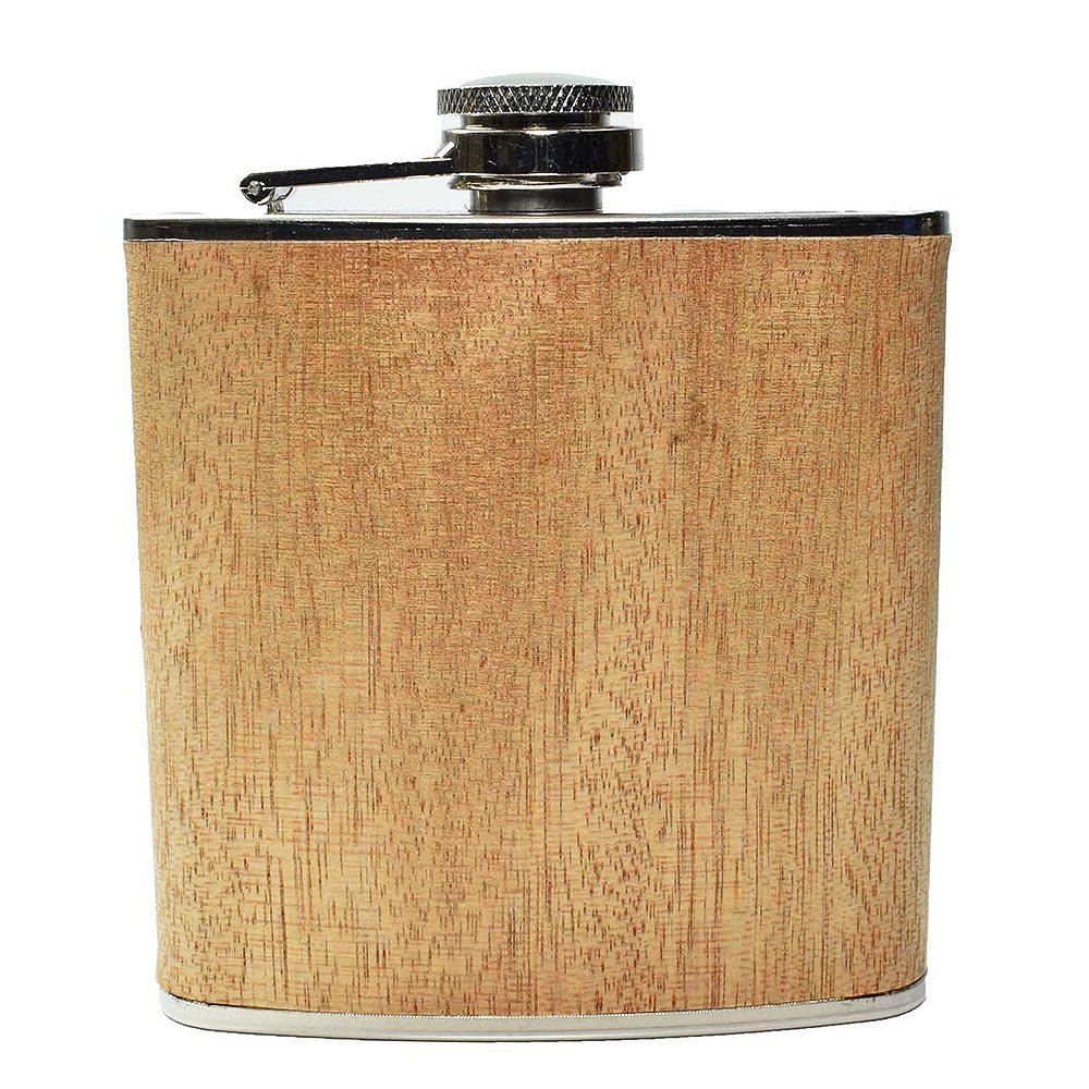 6oz wood wrapped Steel Hip Flask on white background