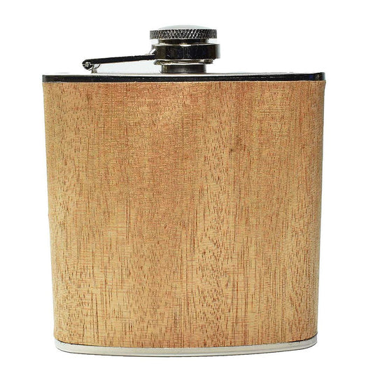 6oz wood wrapped Steel Hip Flask on white background