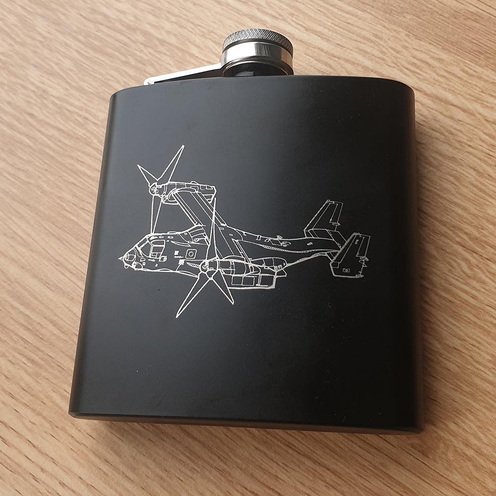 V22 Osprey Aircraft Artwork on Black Hip Flask | Giftware Engraved