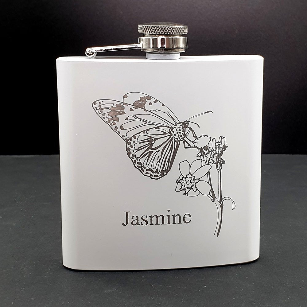 Butterfly & Plant Steel Hip Flask | Giftware Engraved