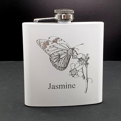 White Hip Flask Engraved with Butterfly and Plant Artwork | Giftware Engraved