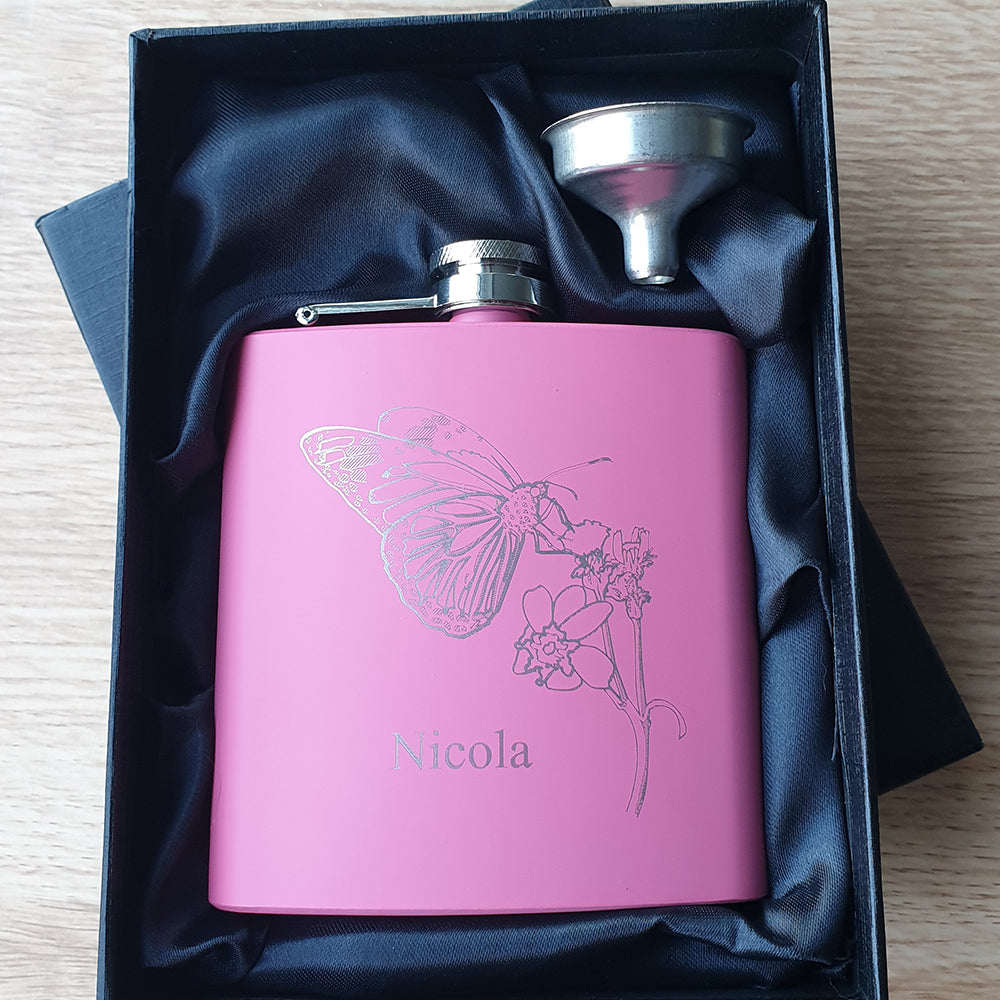 Pink Hip Flask in Giftbox engraved with Butterfly and Plant | Giftware Engraved