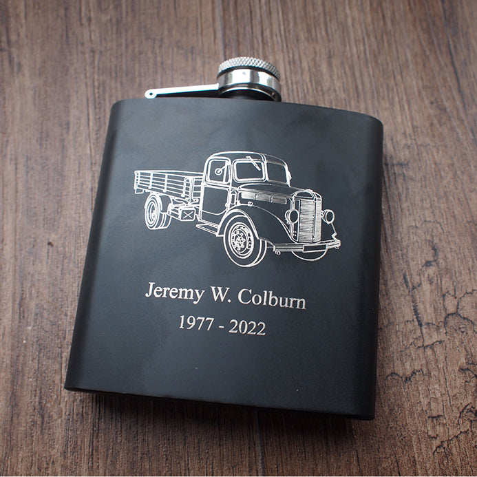 Vintage Bedford Truck Engraved on Black Hipflask with personalised Message | Giftware Engraved