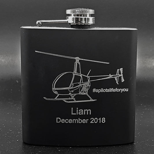 Robinson R22 Helicopter Artwork Engraved on Black Flask with Additional Personalisation | Giftware Engraved