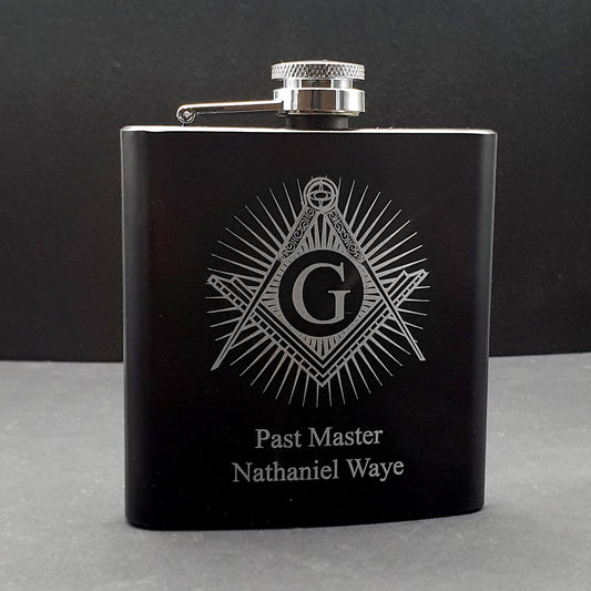 Masonic Compass & Set Square with Starburst Steel Hip Flask | Giftware Engraved