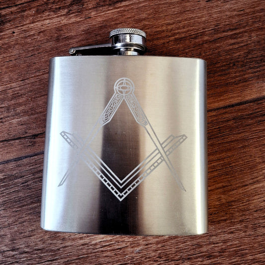 Masonic Logo Engraved on Silver Steel Flask | Giftware Engraved