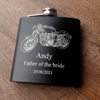 Cafe Racer Motorcycle Engraved with Wedding Message on Black Flask | Giftware Engraved