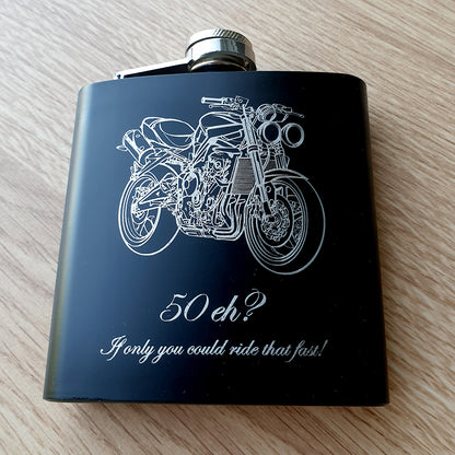 50th Birthday flask Engraved with Street Triple Motorcycle | Giftware Engraved