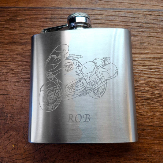 R1150 Motorcycle Artwork Engraved on Silver Flask | Giftware Engraved