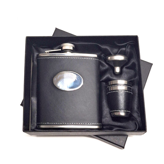 Leather bound Flask in Giftbox with 2 Tot Cups and Pouring Funnel | Giftware Engraved