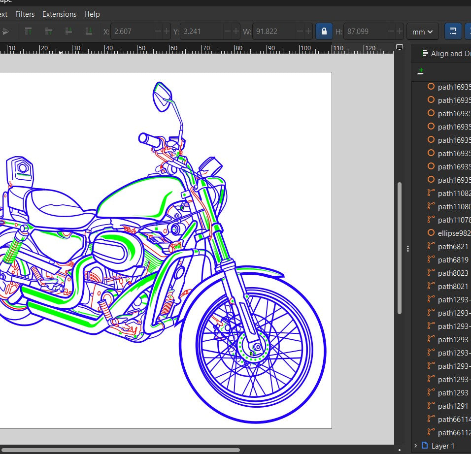 work in progress drawing of a motorcycle on a computer screen with design software.