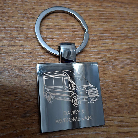 Square keyring engraved with 'Daddy's awesome van' and our transit van artwork