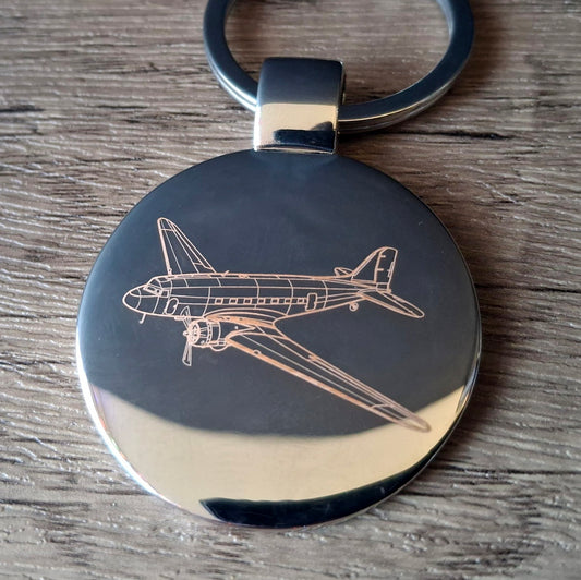 Our Vintage Douglas DC3 artwork engraved on a round silver keyring