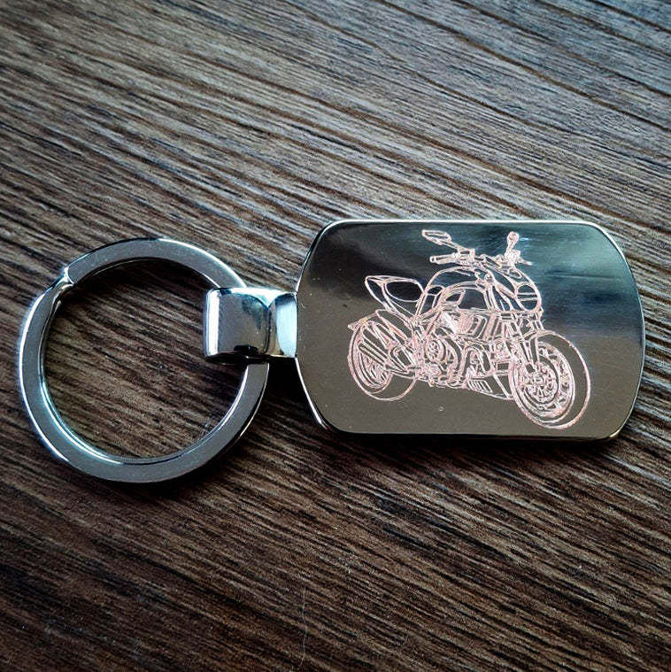 Diavel motorcycle artwork engarved ona dogtag shaped keyring