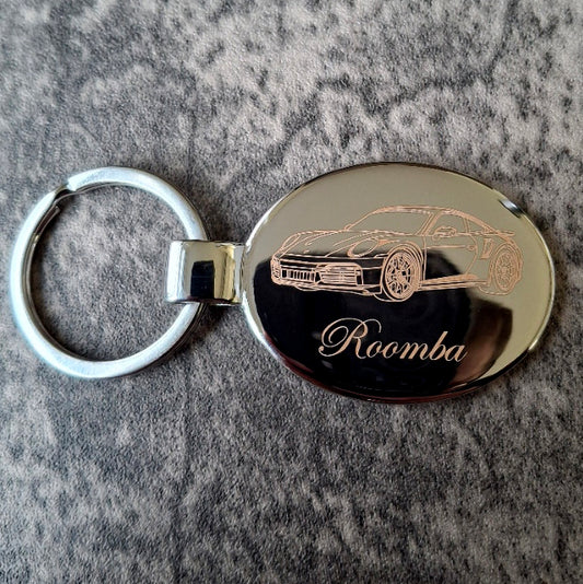 Personalised Oval keyring with our 911 sports car artwork engraved.