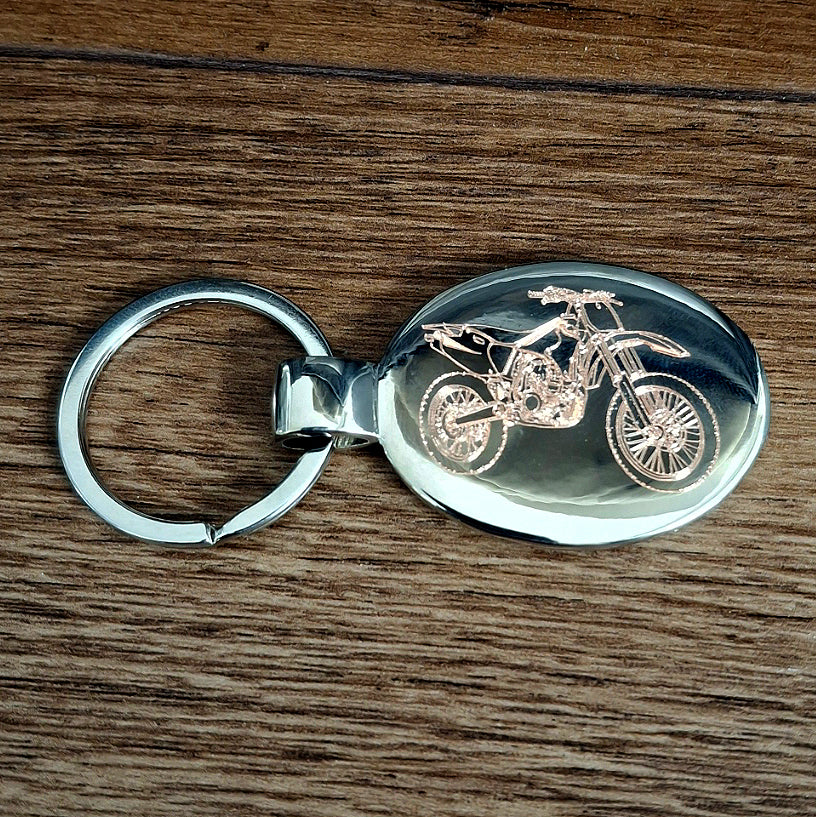 Motocross Dirt Bike Engraved on Oval Keyring | Giftware Engraved