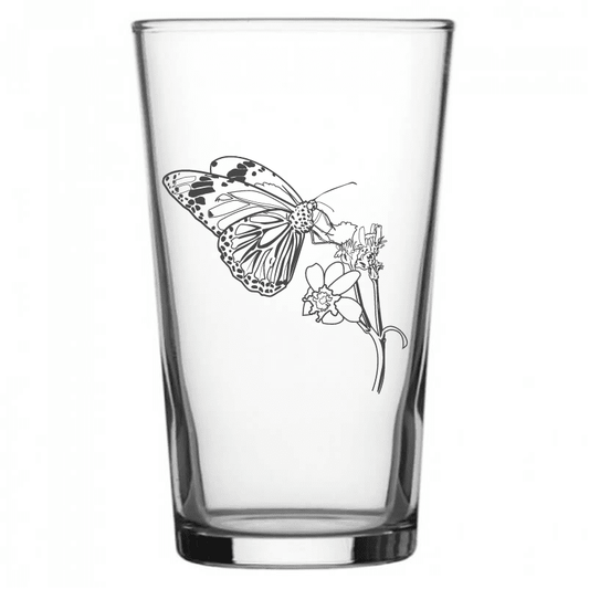 mockup image of Pint Beer Glass engraved with Butterfly & Plant Artwork | Giftware Engraved