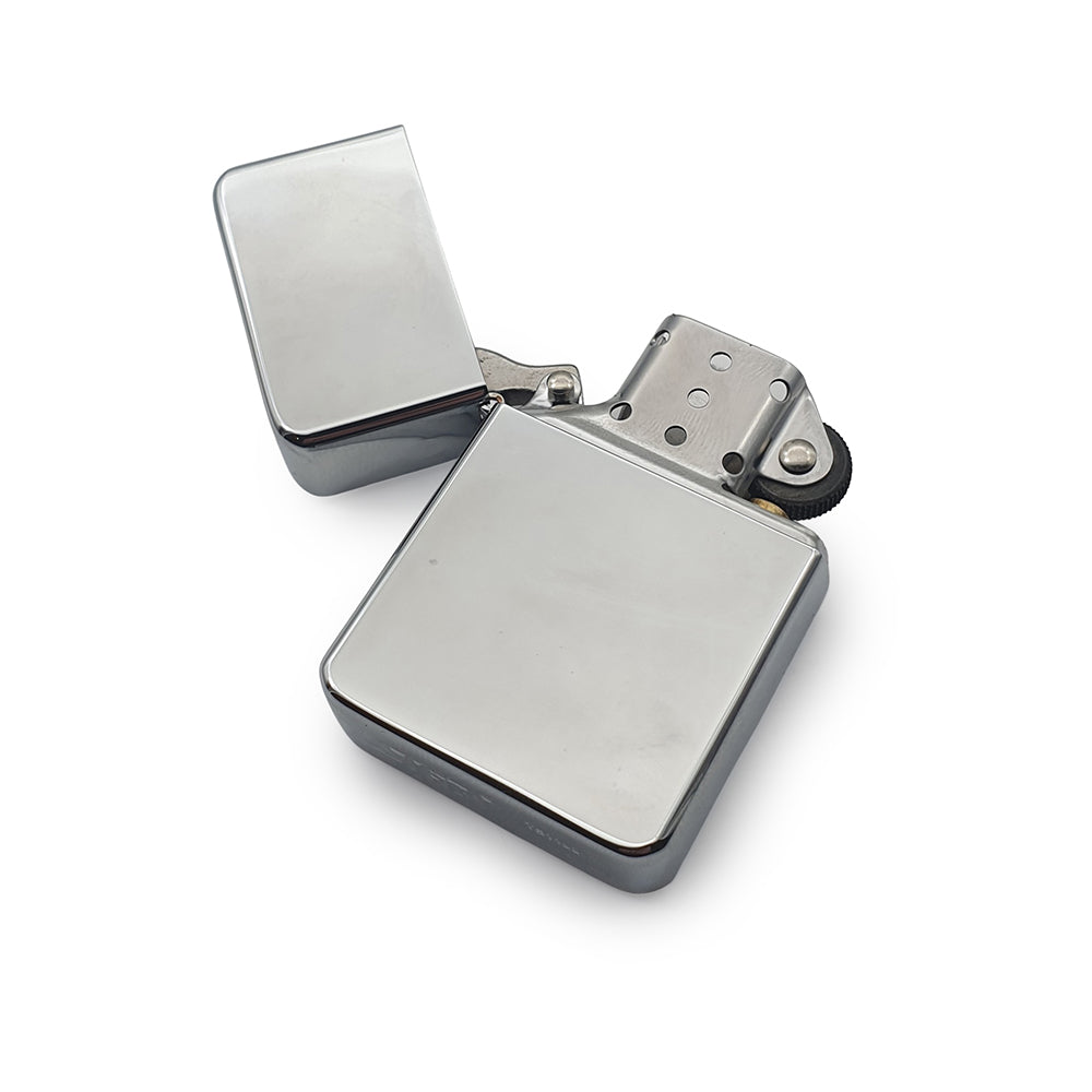 Silver Chrome petrol lighter with open lid on a white background
